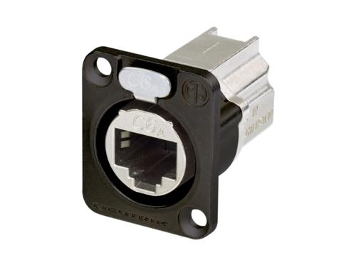 Neutrik - NE8FDX-P6-B - D-shape CAT6a panel connector, shielded, feedthrough, black housing.