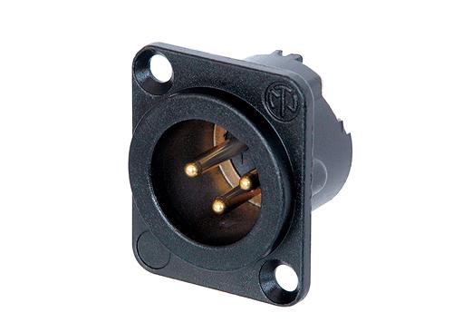 Neutrik - NC3MD-LX-B - 3 pole male receptacle, solder cups, black metal housing, gold contacts.