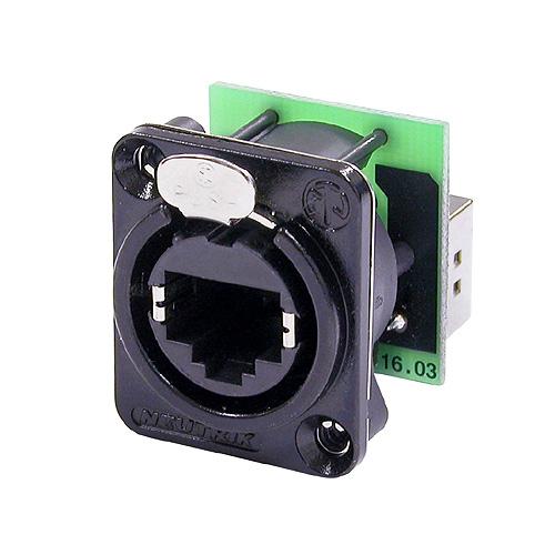 Neutrik - NE8FDP-B - RJ45 feedthrough receptacle, black D-shape metal flange with the latch lock, mounting screws included.